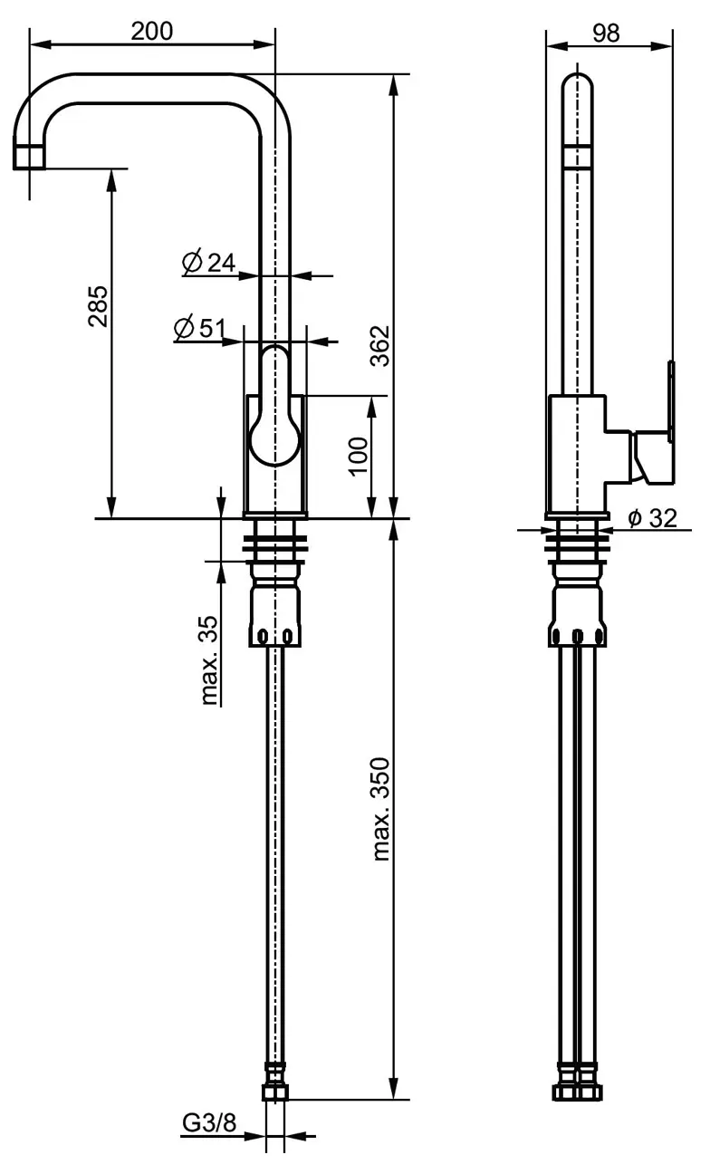 SHIGO pure Edelstahl Armatur Einbauzeichnung