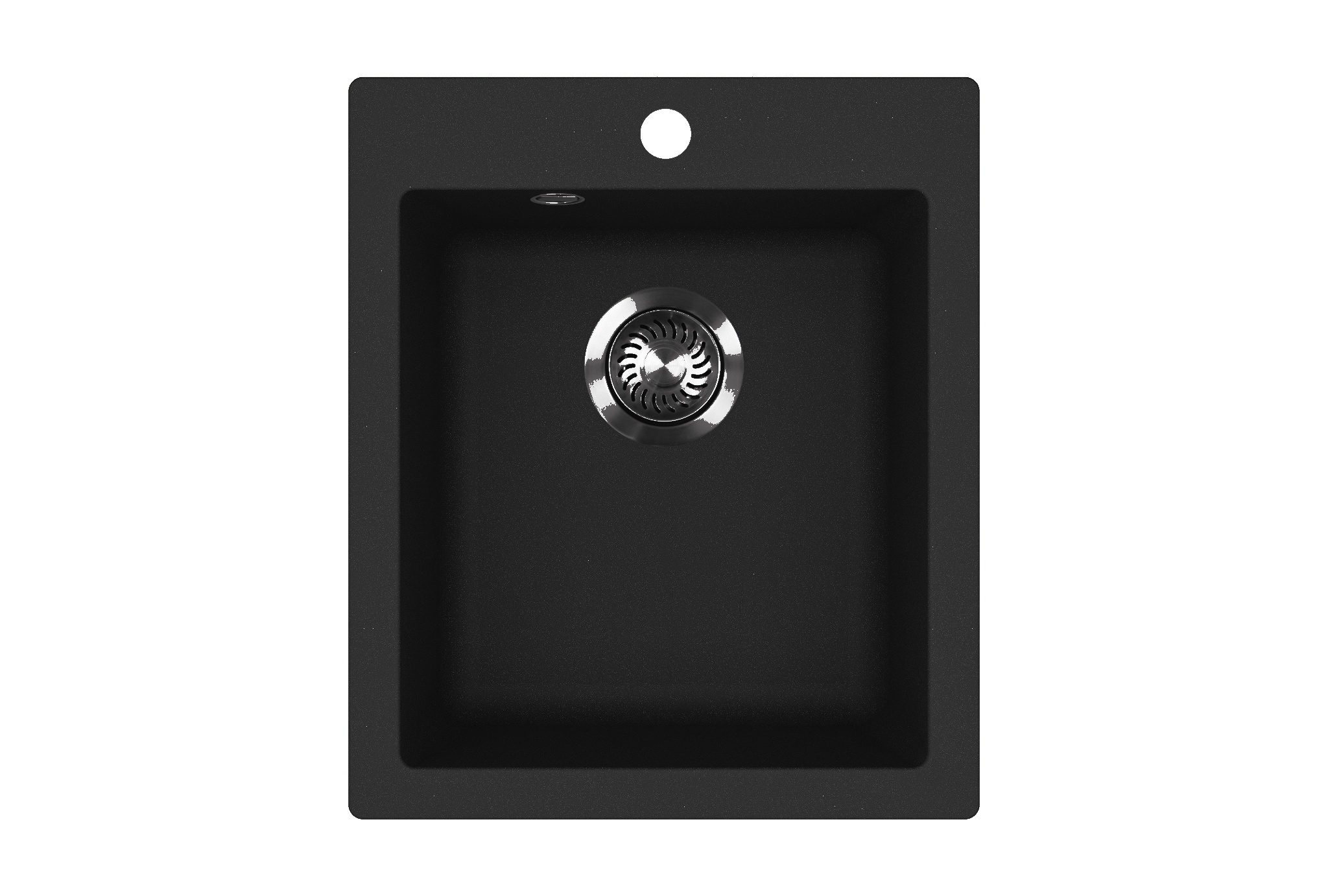 Modernes schwarzes Küchenspülbecken mit elegantem Design und verchromtem Abfluss, perfekt für moderne Innenräume.