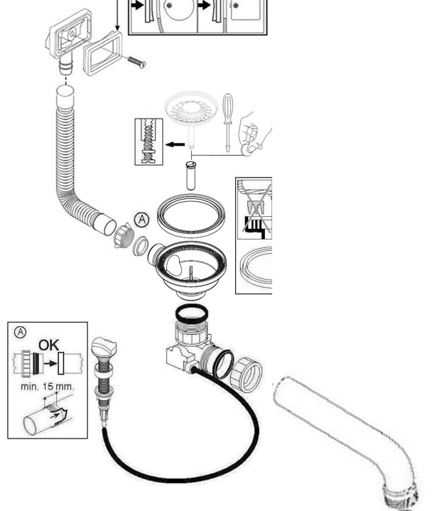 SHIGO Edelstahlspüle mit Abtropffläche + Excenterbedienung 860x500mm Technisches Diagramm, das die Montageschritte für ein Badewannen-Ab- und Überlaufsystem mit verschiedenen Teilen und Anschlüssen zeigt.