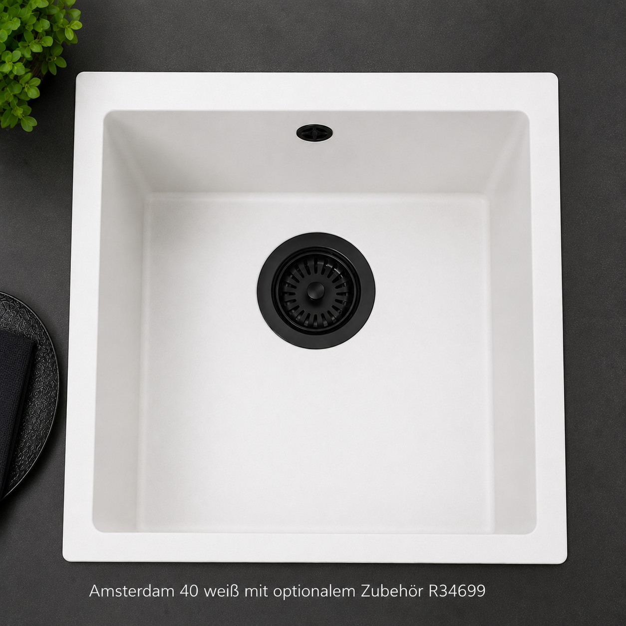 Schwarze Ablaufgarnitur für Amsterdam + Texel Stilvolles weißes Küchenspülbecken mit schwarzem Abfluss, perfekt für moderne Inneneinrichtung und Funktionalität.