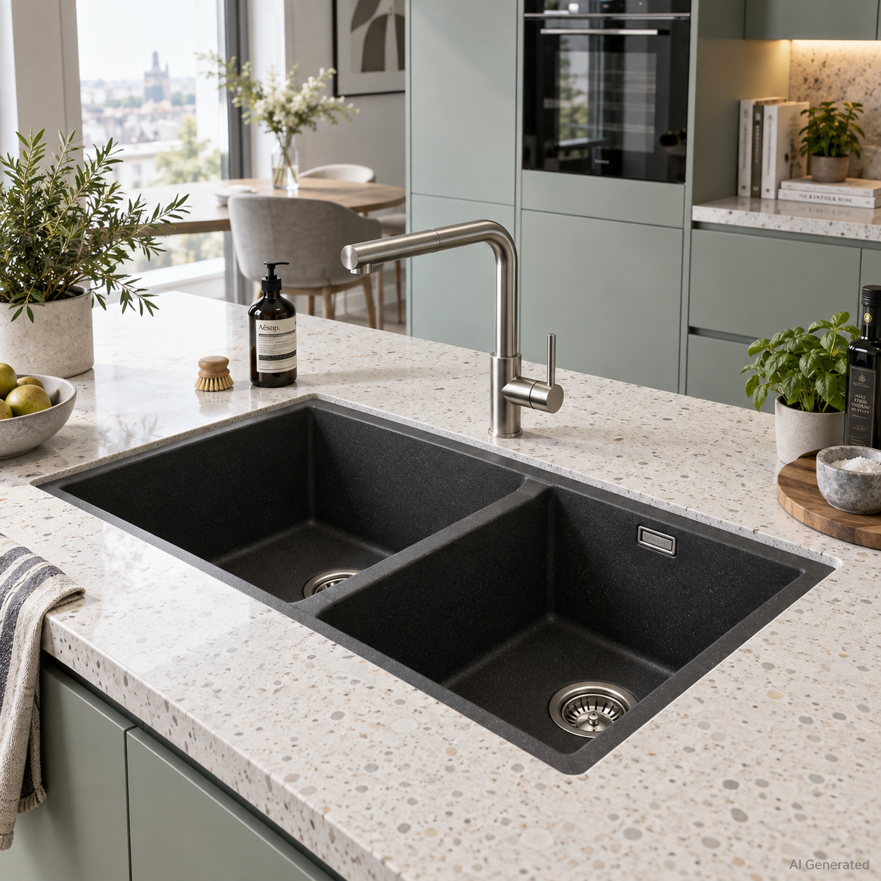 Eine moderne Kücheninsel verfügt über ein schwarzes Doppelwaschbecken in einer gesprenkelten weißen Arbeitsplatte mit einem Metallhahn.