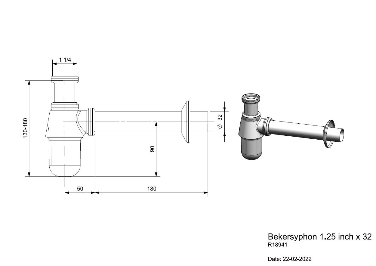 Reginox Aqua-Line Siphon chrome Detaillierte technische Zeichnung eines 1,25 Zoll x 32 Zoll großen Siphons mit Abmessungen für die Sanitärinstallation.