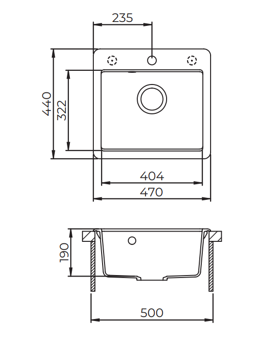 Technische Zeichnung Shigo GQE100-601W Granitspüle 470×440 mm, Becken 404×322×190 mm