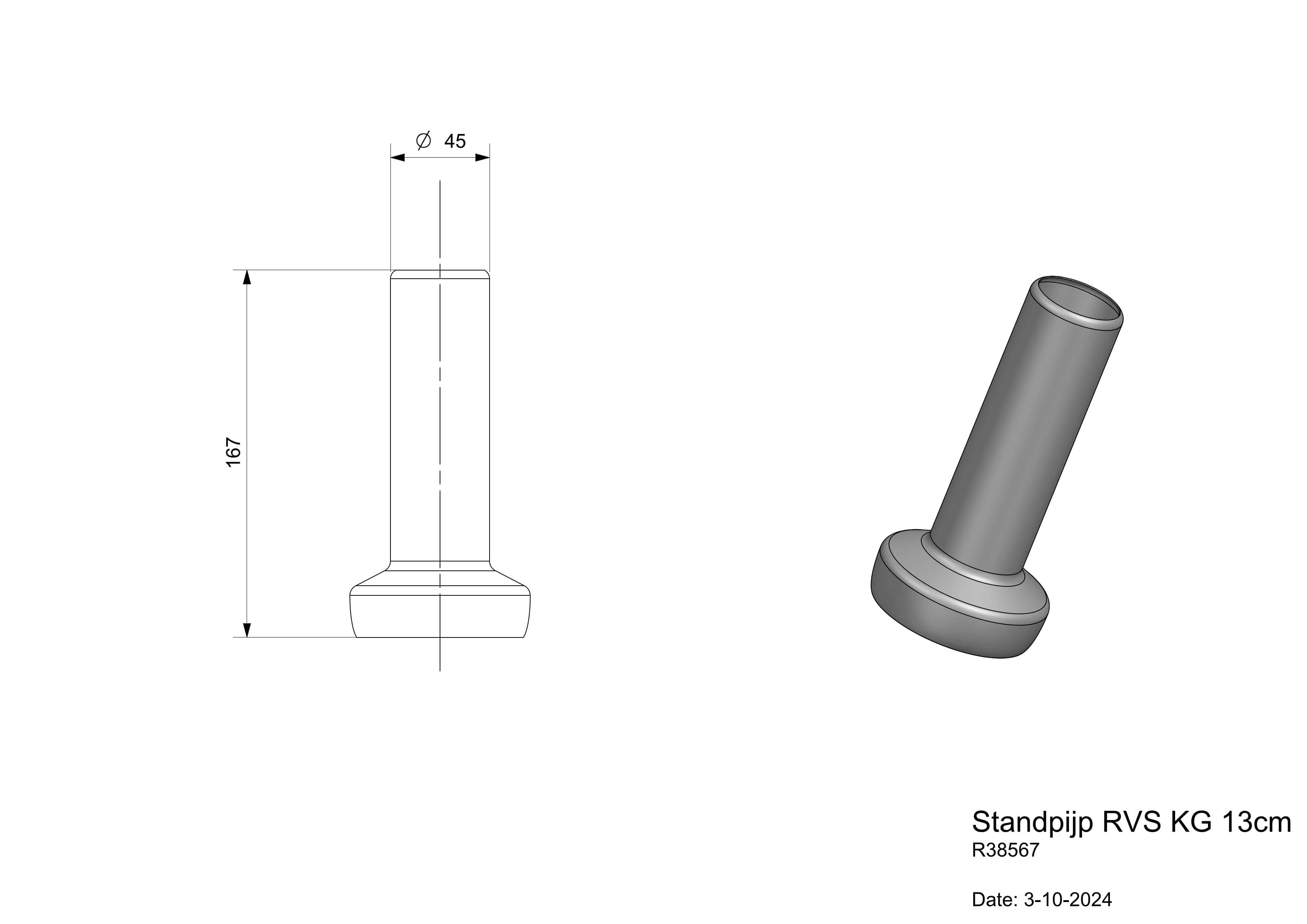 Reginox Edelstahl 3,5" Standrohrventil für Medizinische Spülen 13 cm hoch Technische Zeichnung eines Standrohrs aus Edelstahl, 13 cm Höhe und 45 mm Durchmesser, mit deutlicher Darstellung der Abmessungen.