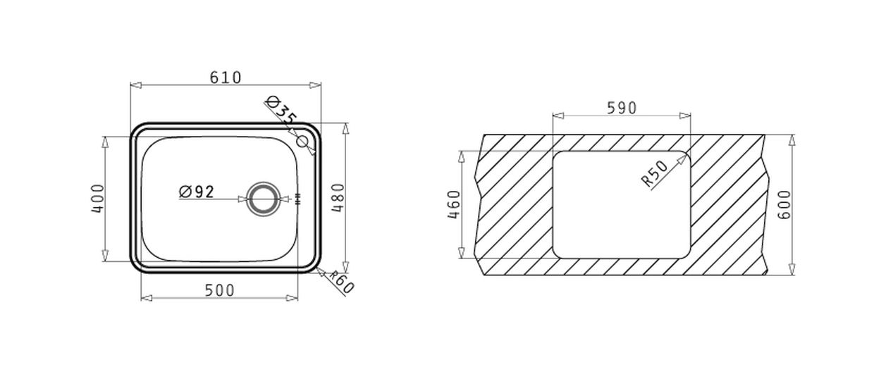 Pyramis SPACE PLUS 1B Edelstahl Einbauspüle poliert - Maßzeichnung