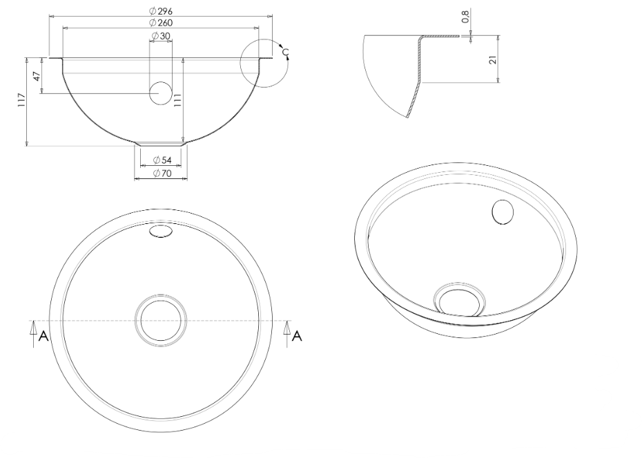 SHIGO Edelstahl-Handwaschbecken Ø260 mm – V2A, mit Überlauf Technische Zeichnung eines runden Waschbeckens mit Abmessungen und Designdetails für den Sanitäreinbau.