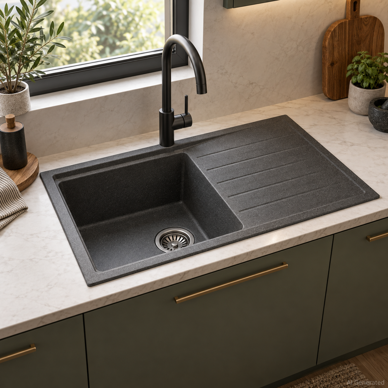 Ein modernes Küchenspülbecken mit schwarzem Wasserhahn, dunkler Arbeitsplatte und einer Marmoroberfläche mit einer Pflanze und Utensilien.