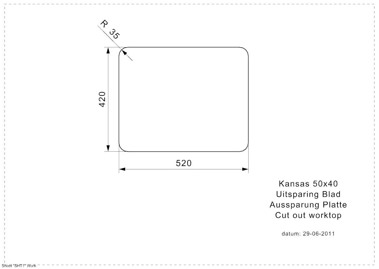 Reginox KANSAS 50x40 CC (L) Edelstahl Einbauspüle seidenglanz - Aussparung Arbeitsplatte