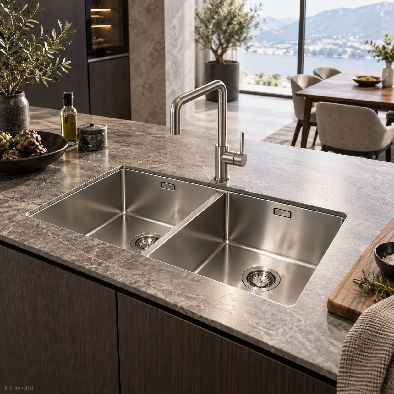 Ein modernes Doppelspülbecken aus Edelstahl, eingelassen in eine Arbeitsplatte aus grauem Marmor, mit einem eleganten Wasserhahn aus gebürstetem Metall.