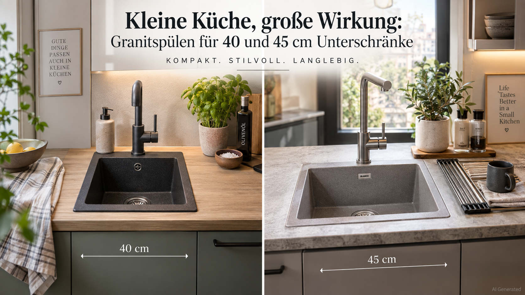 Ein geteiltes Bild, das zwei moderne Küchenspülenanordnungen mit Granitbecken für 40-cm- und 45-cm-Unterschränke zeigt.