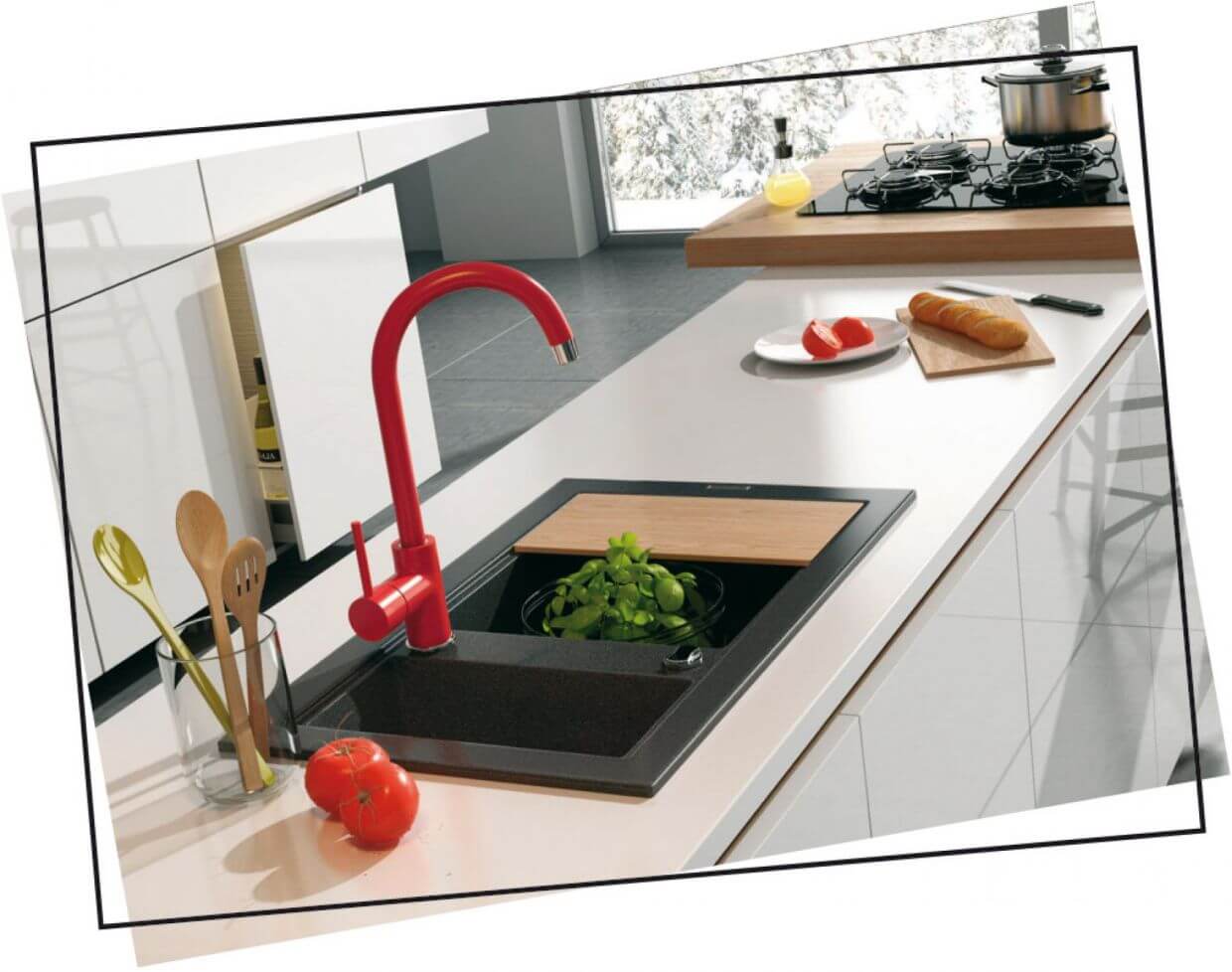 DEANTE Milin Ansicht rote Spültischarmatur mit schwenkbarem Auslauf