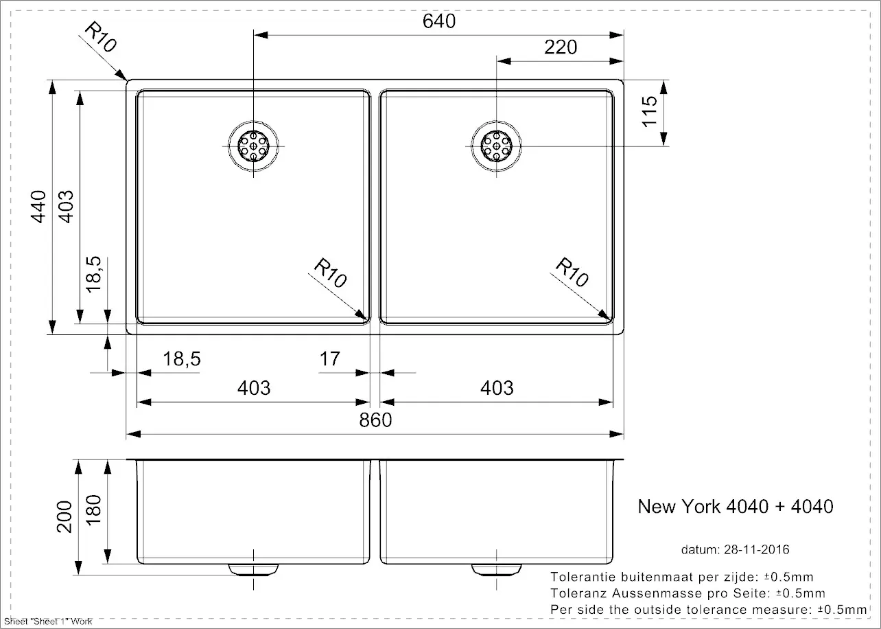 Reginox NEW YORK 40x40+40x40 (L) Edelstahl Einbauspüle - Maßzeichnung