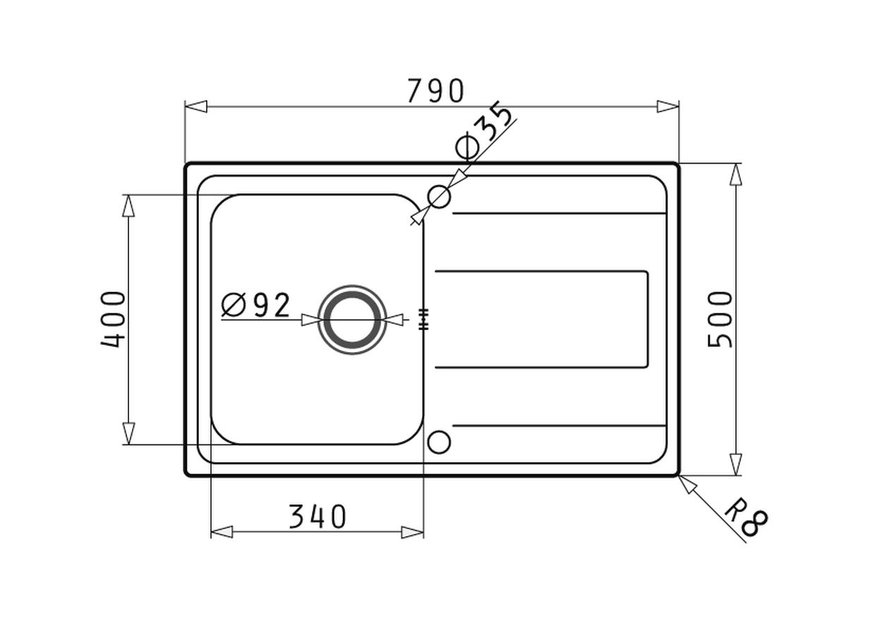 Pyramis ALEA (79x50) 1B 1D Edelstahl Einbauspüle - Maßzeichnung