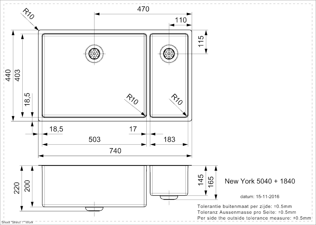 Reginox NEW YORK 50x40+18x40 (L) Edelstahl Einbauspüle - Maßzeichnung