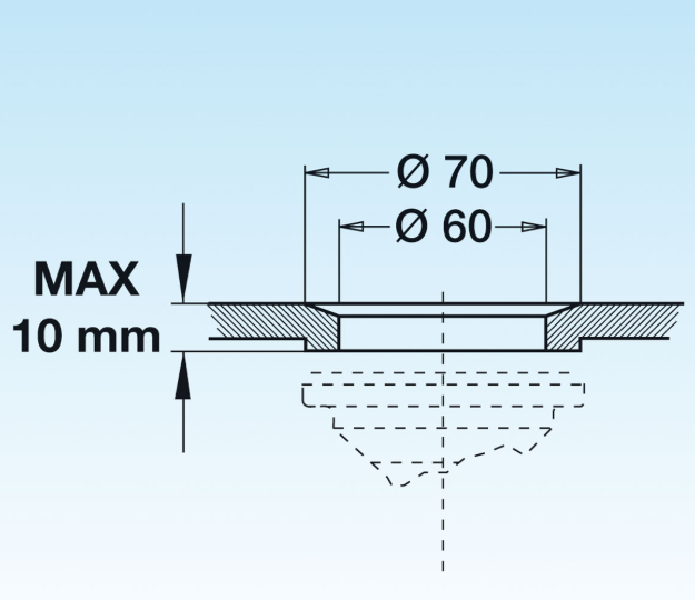 1,5 Zoll Ablaufgarnitur mit Standrohr 170 mm für medizinische Spülen ohne Überlauf Eine technische Zeichnung, die einen Querschnitt eines Lochs mit einem Innendurchmesser von 60 mm, einem Außendurchmesser von 70 mm und einer Tiefe von 10 mm zeigt.