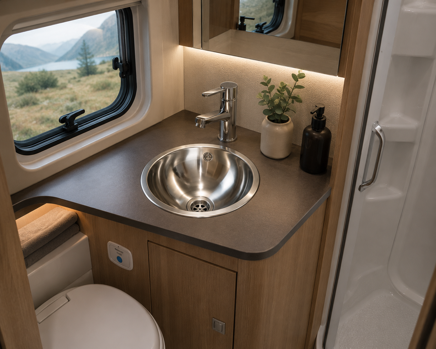 SHIGO Edelstahl-Handwaschbecken Ø260 mm – V2A, mit Überlauf Modernes Wohnmobil-Badezimmer mit elegantem Waschbecken, Spiegel und Dusche mit malerischem Blick auf die Berge.