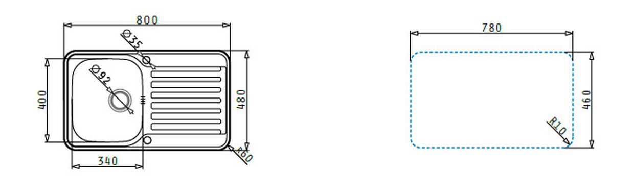 Pyramis SPACE MINI 1B 1D Edelstahl Einbauspüle poliert - Maßzeichnung