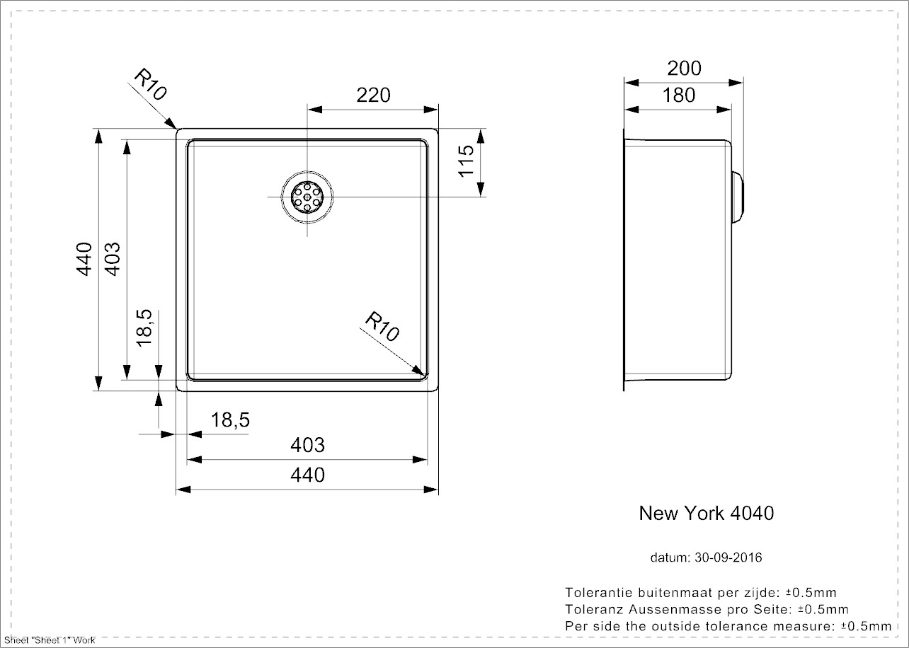 Reginox NEW YORK 40x40 (L) Edelstahl Einbauspüle - Maßzeichnung