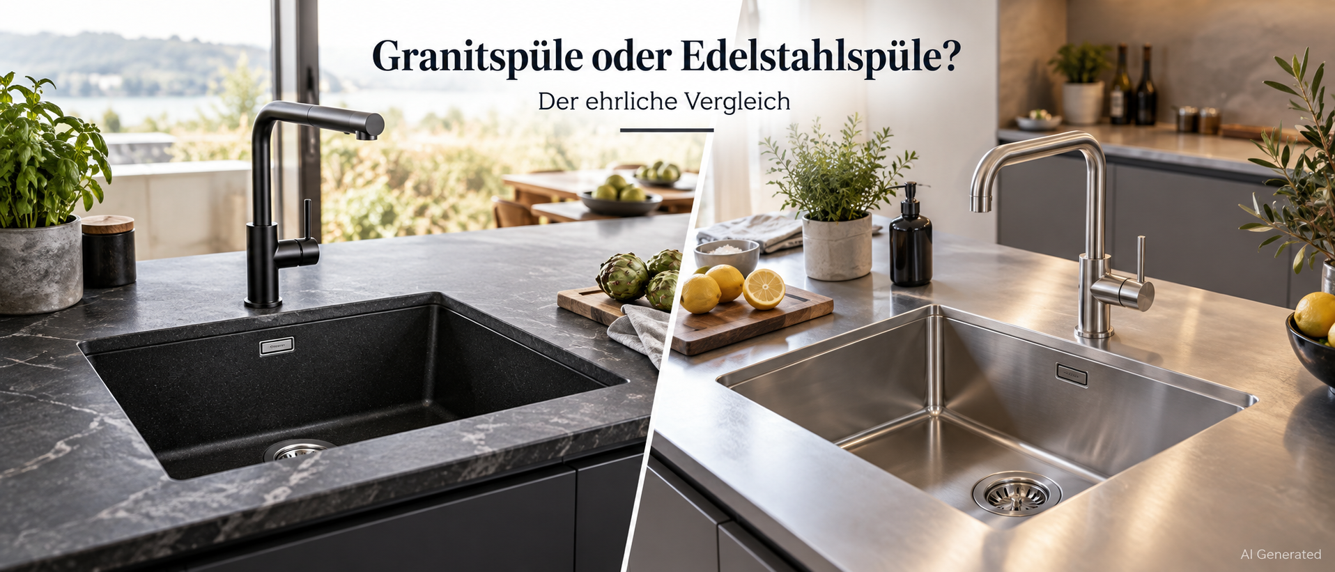Ein Split-Screen-Vergleich einer Küchenspüle aus schwarzem Granit und einer Spüle aus Edelstahl, beide in moderne Arbeitsplatten eingelassen.