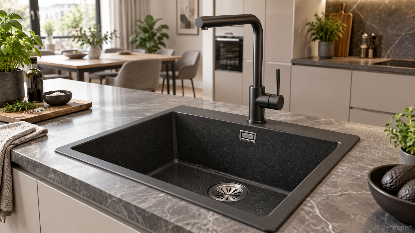 Ein modernes schwarzes Küchenspülbecken mit einem eleganten matten Wasserhahn, eingelassen in eine graue Marmorarbeitsplatte in einer modernen Küche.