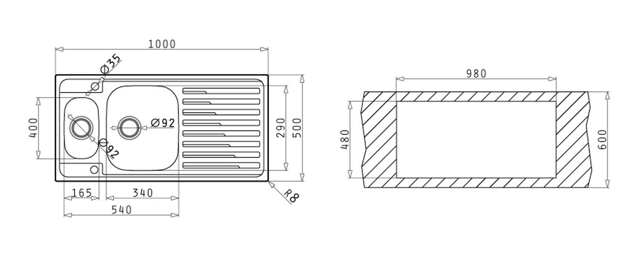 TZ-AMALTIA-EXTRA-100X50-1-1-2B-1D Pyramis AMALTIA EXTRA (100x50) 1 1/2B 1D Edelstahl Einbauspüle poliert - Maßzeichnung