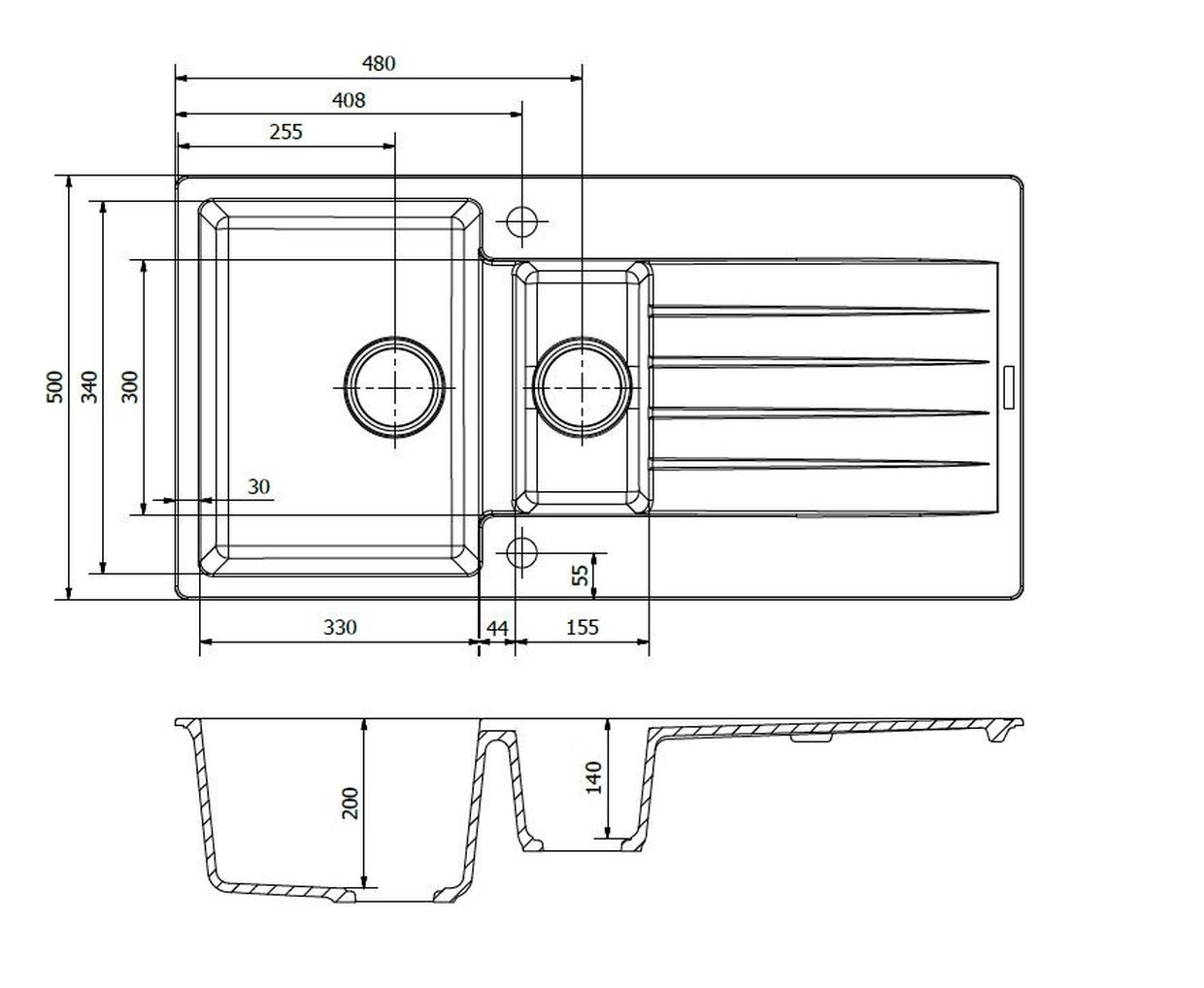 Reginox Harlem 15 Pure White Granit Spülbecken weiß - Maßzeichnung