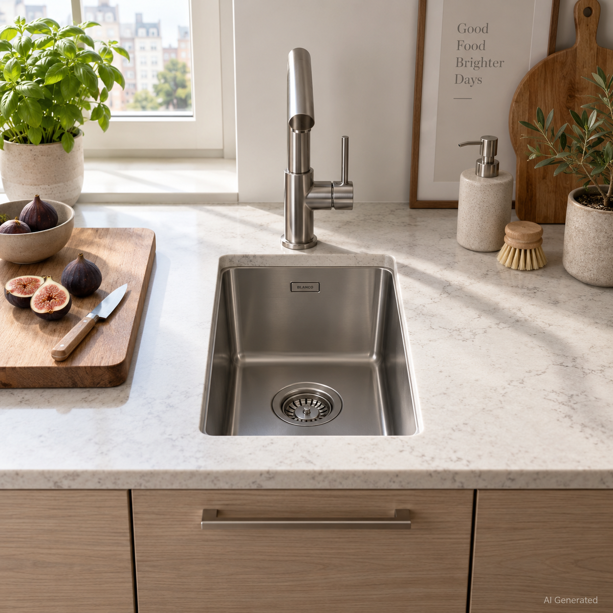 Ein modernes Küchenspülbecken aus Edelstahl in einer Arbeitsplatte aus hellem Marmor mit Wasserhahn, frischen Feigen und Topfpflanzen.
