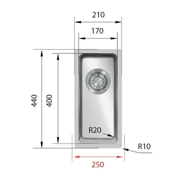 SHIGO Medizinische Edelstahlspüle ohne Überlauf 170x400x153 mm Technisches Diagramm einer rechteckigen Küchenspüle aus Edelstahl mit Maßangaben in Millimetern und Beschriftung der Eckradien.