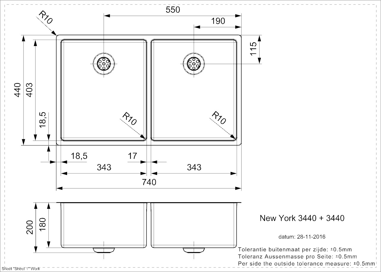 Reginox NEW YORK 34x40+34x40 (L) Edelstahl Einbauspüle - Maßzeichnung